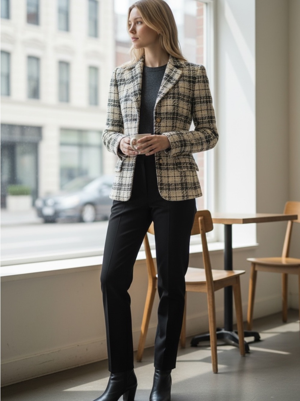 Vintage Anne Klein II Cream, Baby Blue,Black Plaid Boucle Single Breast Blazer